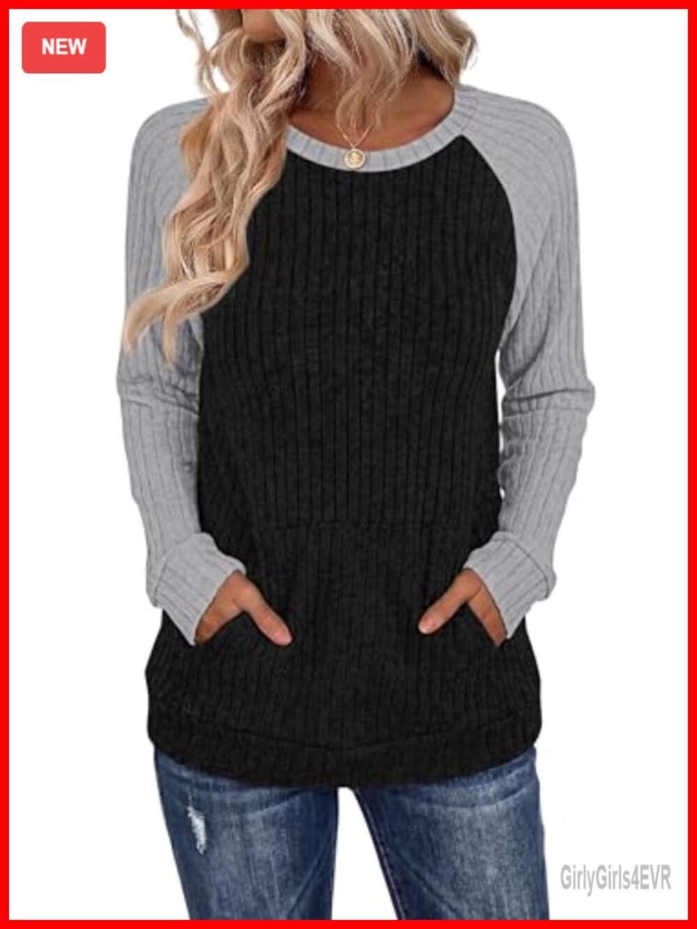 Womens Long Sleeve Tunic Sweater with Pocket Color Block Ribbed